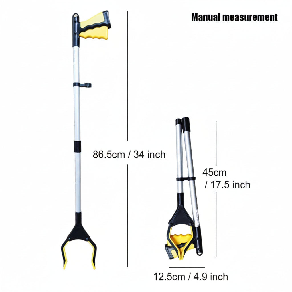 gripper is 34 inches long and folds to 17.5 inches for easy use